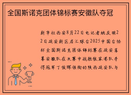 全国斯诺克团体锦标赛安徽队夺冠